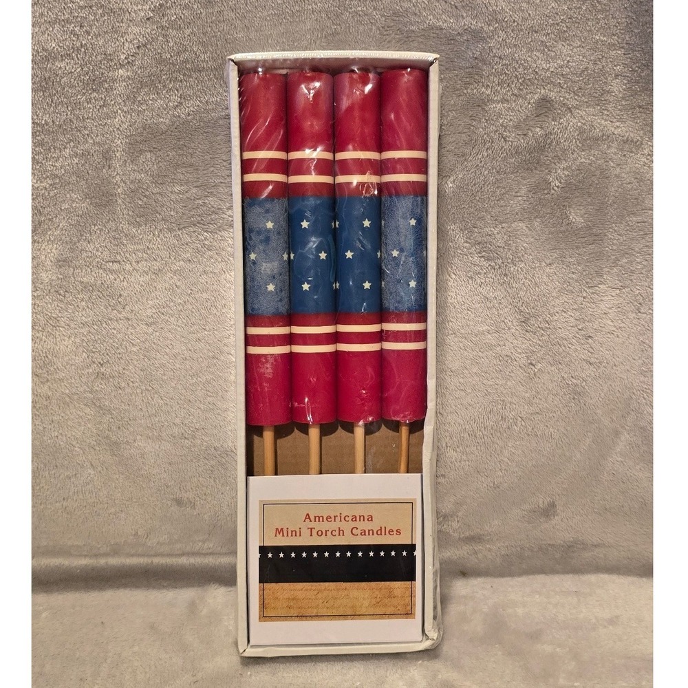 Americana Mini Torch Candle Set of 4 Patriotic Stars Stripes Red White Blue 9.8"